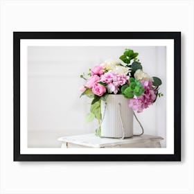 White Vase With Pink And White Flowers Art Print