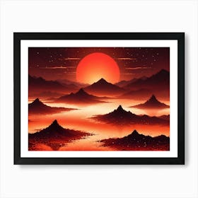 A Digital Illustration Of A Landscape With Mountains, A Red Sun, And A Fiery, Glowing Lake Art Print