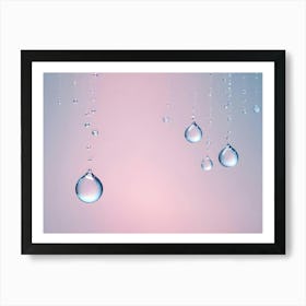 A Minimalist Image Of Water Drops Hanging On A Pink And Blue Gradient Background, Representing Purity, Freshness, Or Beauty Products Art Print