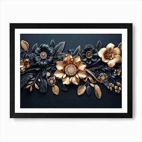 3d Artwork Illustration Background with Golden Jewelry and Flowers in Black 2 Art Print