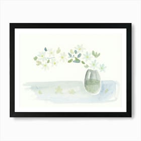 White Flowers In A Vase - minimalist watercolor floral flowers light grey mint green Art Print