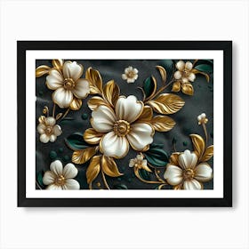 Luxury Floral Seamless With Flowers Elegant Leather Texture Illustration Background In Golden, Green, White 3 Art Print