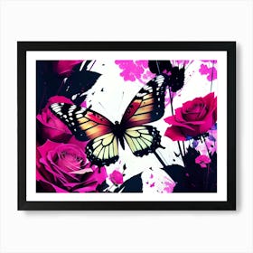 Butterfly And Roses 1 Art Print