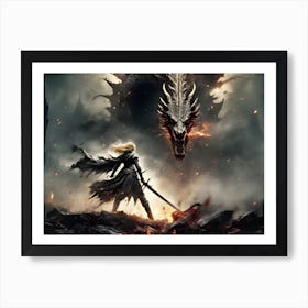 A Warrior Stands Before A Great Dragon Art Print