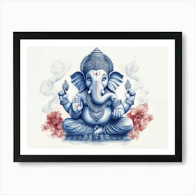 3d Pencil Sketch Drawing Of Indian God Ganesh Blue Tone Art Print