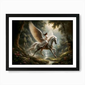 Majestic Beauty, A mythical scene depicting a woman riding a majestic winged horse, known as a Pegasus, across a serene forest creek. Rays of light sift through the trees, illuminating the ethereal pair as they stride through a verdant landscape. classic art  Art Print