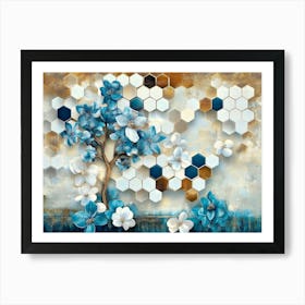 Abstract White Lattice Tiles, Turquoise Tree, And Dynamic Blue Hexagons Art Print