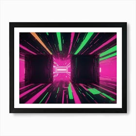 Abstract Image Of A Futuristic, Neon Lit Tunnel With Glowing Green And Pink Lines, Resembling A Digital Portal Or A Gateway To Another World Art Print