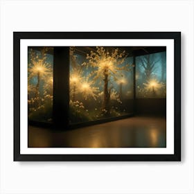 A Captivating Image Of Glowing, White, Crystal Like Flowers Growing In A Glass Enclosure, With A Misty Forest Backdrop Art Print