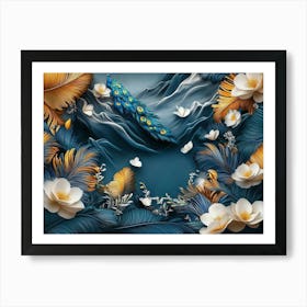 3d Modern Abstraction Art With Blue, Dark Green And Golden Tropical Leaf Branches 1 Art Print