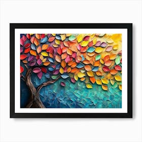 Colorful Tree With Vibrant Leaves And Butterflies Against A Painted Backdrop 1 Art Print