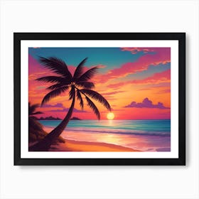 A Tranquil Beach At Sunset Horizontal Illustration 27 Art Print