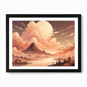 A Whimsical, Digital Illustration Of A Landscape With A Large, Full Moon, Mountains, A Lake, And Trees, Creating A Serene And Dreamy Atmosphere 1 Art Print