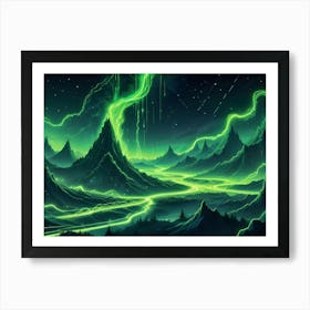 A Winding River Of Glowing Green Light Flows Through A Mountainous Landscape Under A Vibrant Green Aurora Borealis, Creating A Magical And Futuristic Atmosphere Art Print