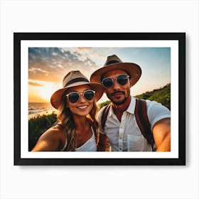 Couple Taking Selfie At Sunset Art Print