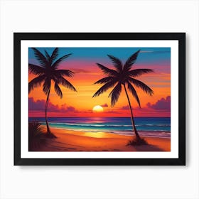 A Tranquil Beach At Sunset Horizontal Illustration 9 Art Print