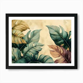 Vintage Tropical Green Brown Leaves, Beige Background, Golden Texture Painting Art Print