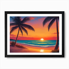 A Tranquil Beach At Sunset Horizontal Illustration 40 Art Print