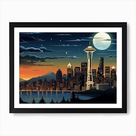 Seattle Skyline By Night Art Deco Style Art Print