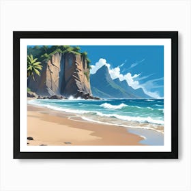 Tropical Beach With Cliffside Waterfall And Lush Mountains Art Print