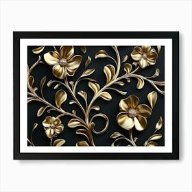 Elegant 3d Gold Floral Motif On Black 1 Art Print