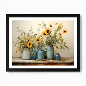 Sunflowers In Blue Vases Art Print