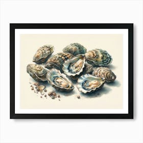 Natural Allure In Shell Form Oysters On The Half-Shell Beautiful Still Life Illustration Art Print