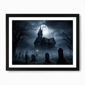 Frightened Souls Hovering Over A Mist Enshrouded Graveyard Full Moon Piercing Through Ominous Cloud (5) Art Print