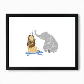 Elephant Showering A Lion With Trunk, Fun Safari Animal Print, Landscape Art Print