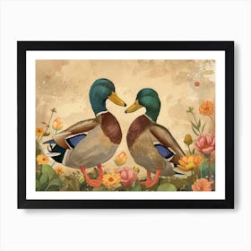 Floral Animal Illustration Mallard Duck 1 Art Print