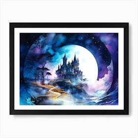 Abstract Watercolor Art of a Surrealistic Castle on a Rock Formation by Night Art Print