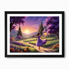 Woman In Purple Dress Walks Towards A Cottage On A Path Through A Magical Landscape Art Print