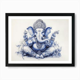 3d Pencil Sketch of Indian God Ganesh Blue Tone Art Print