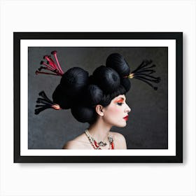 Side Profile Of A Woman Infused With Surreal Elements Rhubarb Stalks Entwined In Her Hair Black Ci Art Print