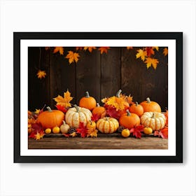 Autumn Themed Table Decoration Scattered Maple Leaves In Warm Shades Intermixed With Small Pumpkin Art Print