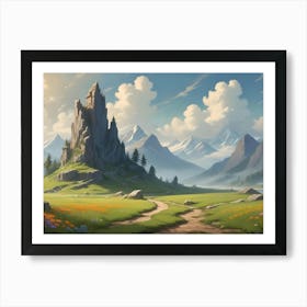 A Scenic Illustration Of A Large Stone Castle Standing Tall Against A Green, Grassy Field, Mountains In The Background, And A Bright Blue Sky With Fluffy White Clouds Art Print