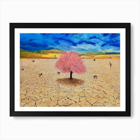 Surreal Cherry Blossom Tree In Barren Desert Gives Hope Art Print