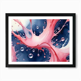 Abstract Image Of A Pink Liquid Splash With Bubbles Against A Dark Blue Background, Resembling A Cosmic Explosion Or A Watercolor Painting Art Print