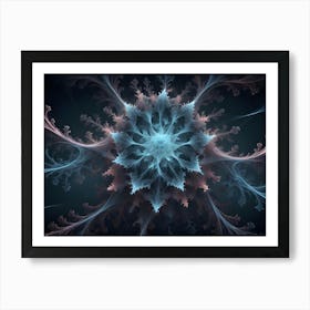 Intricate, Frosty Blue And Pink Fractal Resembling A Snowflake Or A Blooming Flower On A Dark Background Art Print