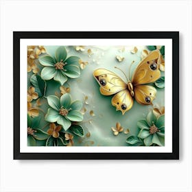 3d Abstract Floral Background with Green Flowers and Golden Butterfly 2 Art Print