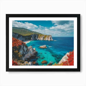 A Beautiful Beach With Blue Water Surrounded By Green Hills Art Print