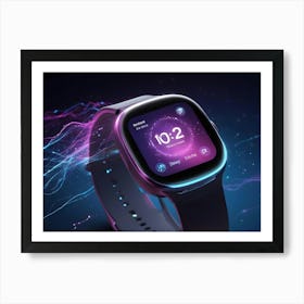 A Modern Smartwatch With A Dark Blue Background And Glowing Pink And Blue Lines, Representing Technology, Fitness, And The Future Art Print