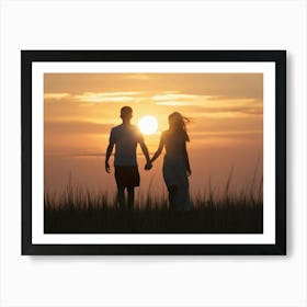 Couple Holding Hands At Sunset Art Print