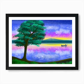 Landscape Nature Sky Clouds Lake Sea Water Fisherman Boat Tree Scenic Horizon Painting Art Silhouette Sun Brightness Colorful Twilight Art Print