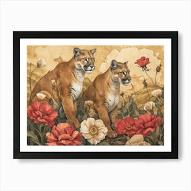 Floral Animal Illustration Mountain Lion 2 Art Print