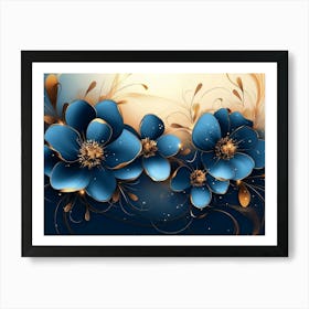 Abstract Background With Gold And Blue Flowers Art Print