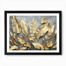 Gold Floral Plants And Palm Leaves 3d Illustration, Grey Background, Abstract Tropical Leaves, Banana Leaves Art Print