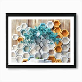 Turquoise Tree And Multicolored Hexagons Displayed On White Lattice Tiles Against An Oak Wood Background 1 Art Print