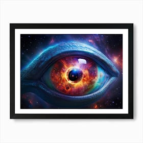 Alien Eye With A Chameleon Like Iris Reflecting A Ufo Hovering In A Starfield Nebulae Swirling In T Art Print