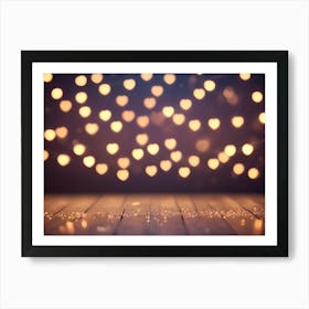 A Wooden Floor With A Blurred Background Of Golden Heart Shaped Bokeh Lights Art Print